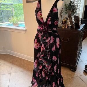 Emanuel Ungaro Black and Pink Floral High Low Dress